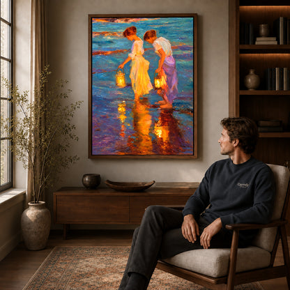 Lantern Canvas Wall Art displayed in a walnut frame above wooden furniture beside a seated man.