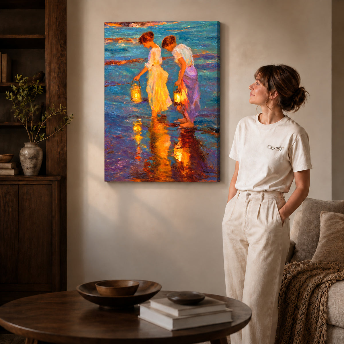 Lantern Canvas Wall Art on gallery wrapped canvas with visible depth beside a woman in white.