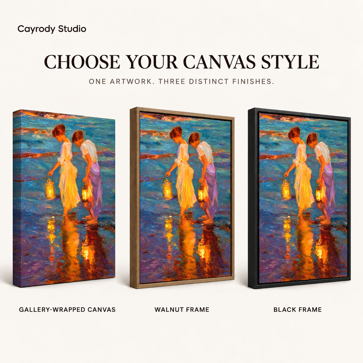 Lantern Canvas Wall Art shown in gallery wrapped canvas, walnut frame, and black frame finishes.