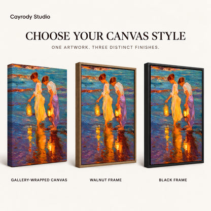 Lantern Canvas Wall Art shown in gallery wrapped canvas, walnut frame, and black frame finishes.