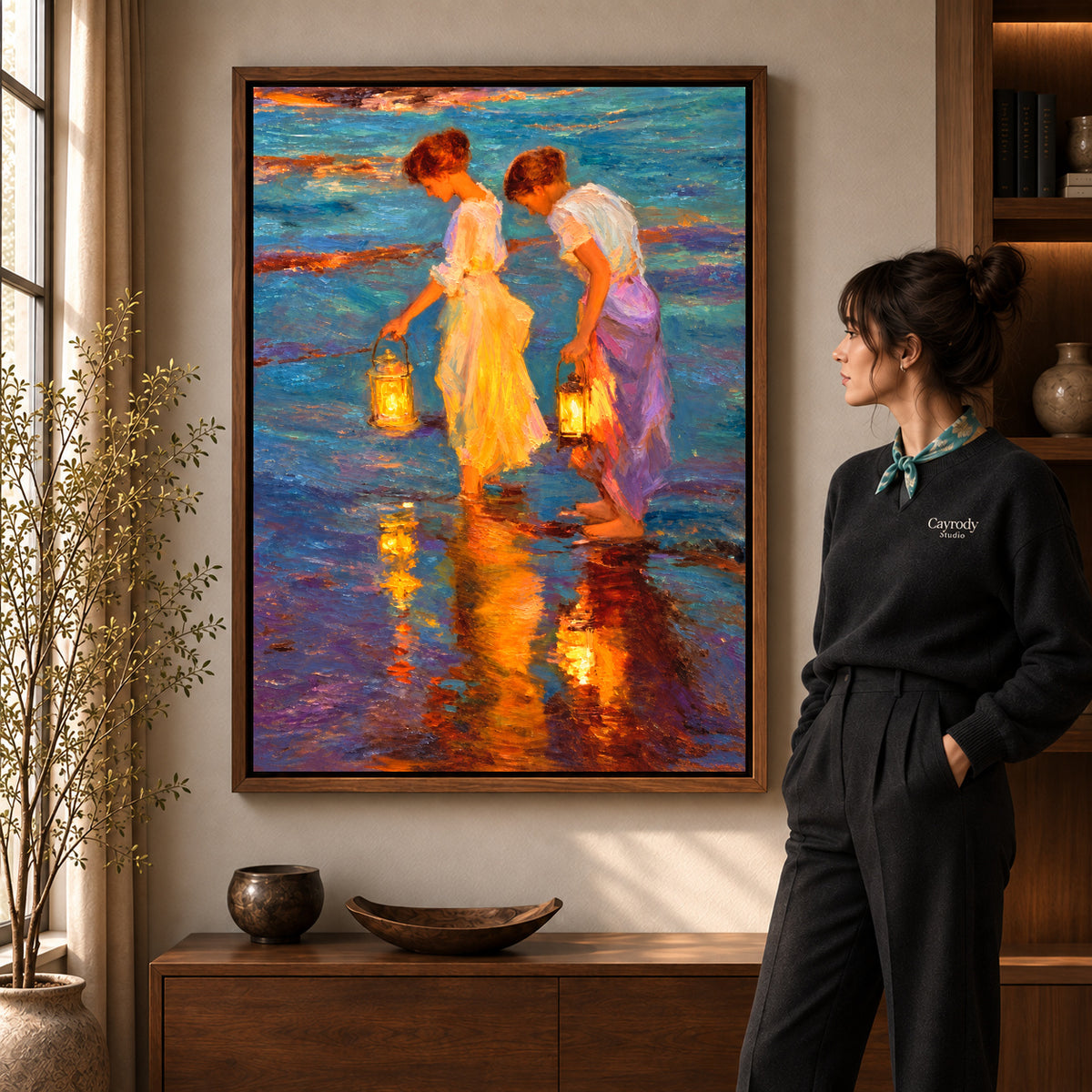 Walnut framed lantern canvas wall art with the complete artwork displayed in a warm living room.
