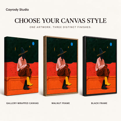 Cowgirl Canvas Wall Art shown in gallery wrapped canvas, walnut frame, and black frame finishes.