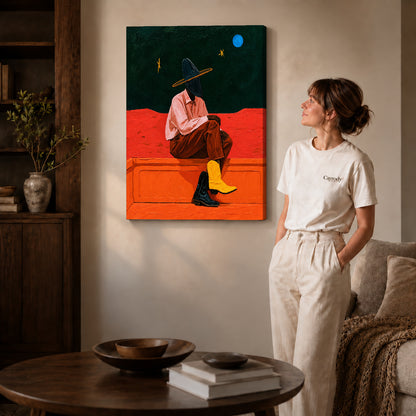 Gallery wrapped cowgirl canvas wall art showing dimensional edges and soft shadows in a living room.