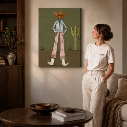 Cowboy Canvas Wall Art on gallery wrapped canvas with visible depth beside a woman in white.