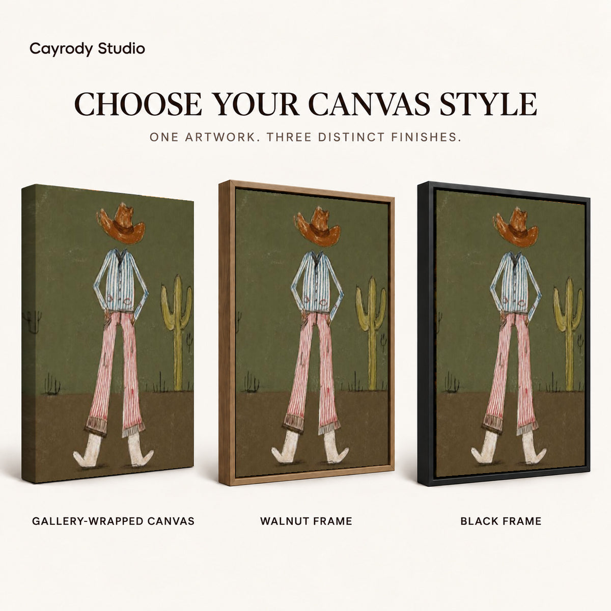 Cowboy Canvas Wall Art shown in gallery wrapped canvas, walnut frame, and black frame finishes.