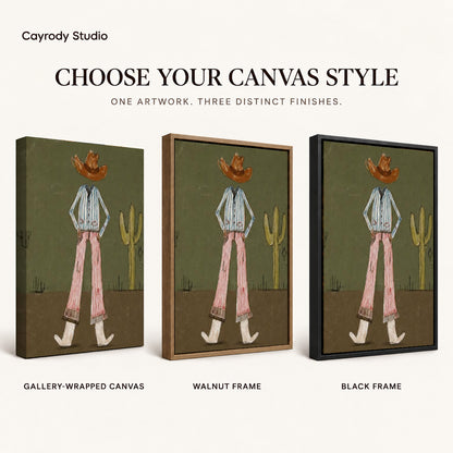 Cowboy Canvas Wall Art shown in gallery wrapped canvas, walnut frame, and black frame finishes.