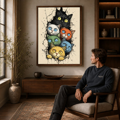 Colorful Cat Canvas Art displayed in a walnut frame above wooden furniture beside a seated man.