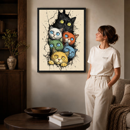 Colorful Cat Canvas Art inside a black frame in a softly lit living room with books.