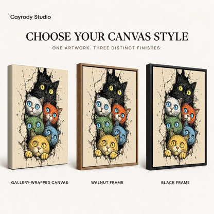 Colorful Cat Canvas Art shown in gallery wrapped canvas, walnut frame, and black frame finishes.
