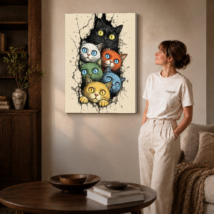 Gallery wrapped colorful cat canvas art showing dimensional edges and soft shadows in a living room.