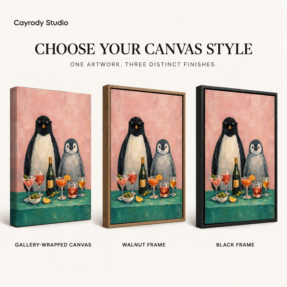 Penguin Canvas Wall Art shown in gallery wrapped canvas, walnut frame, and black frame finishes.