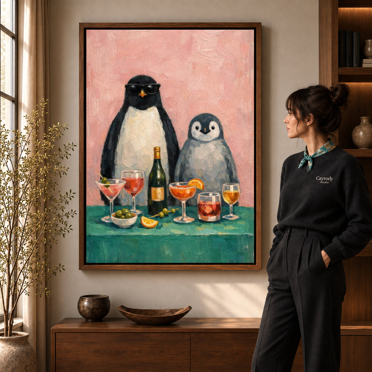 Walnut framed penguin canvas wall art with the complete artwork displayed in a warm living room.