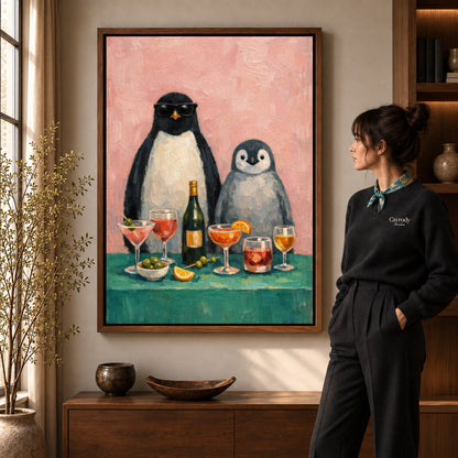 Walnut framed penguin canvas wall art with the complete artwork displayed in a warm living room.