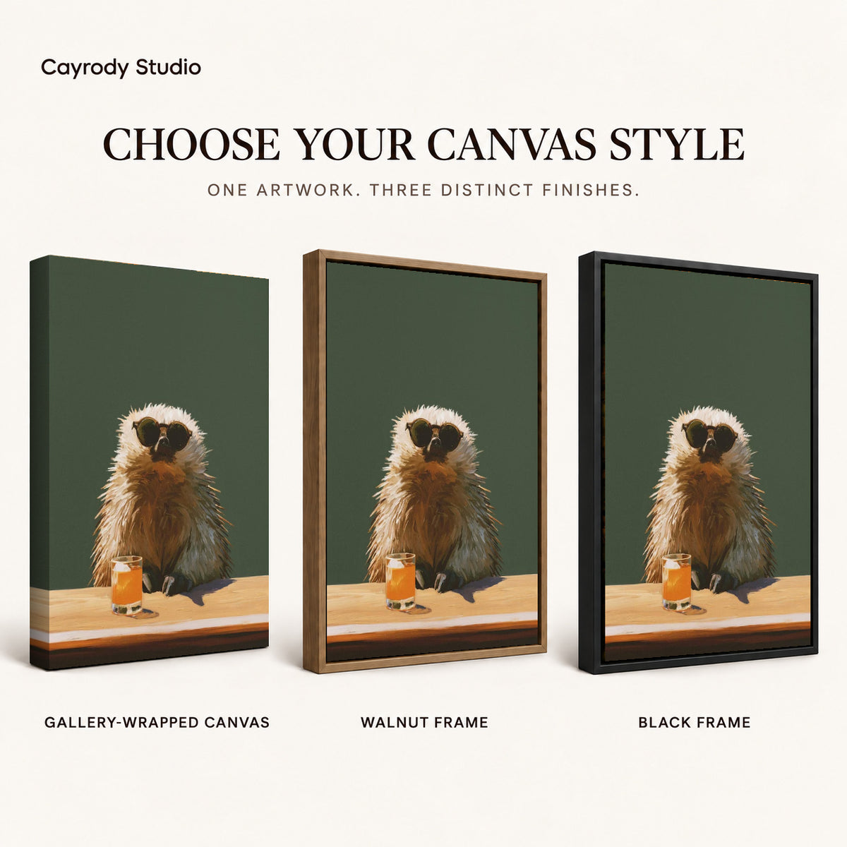 Capybara Canvas Wall Art shown in gallery wrapped canvas, walnut frame, and black frame finishes.