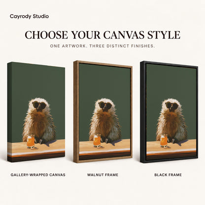 Capybara Canvas Wall Art shown in gallery wrapped canvas, walnut frame, and black frame finishes.