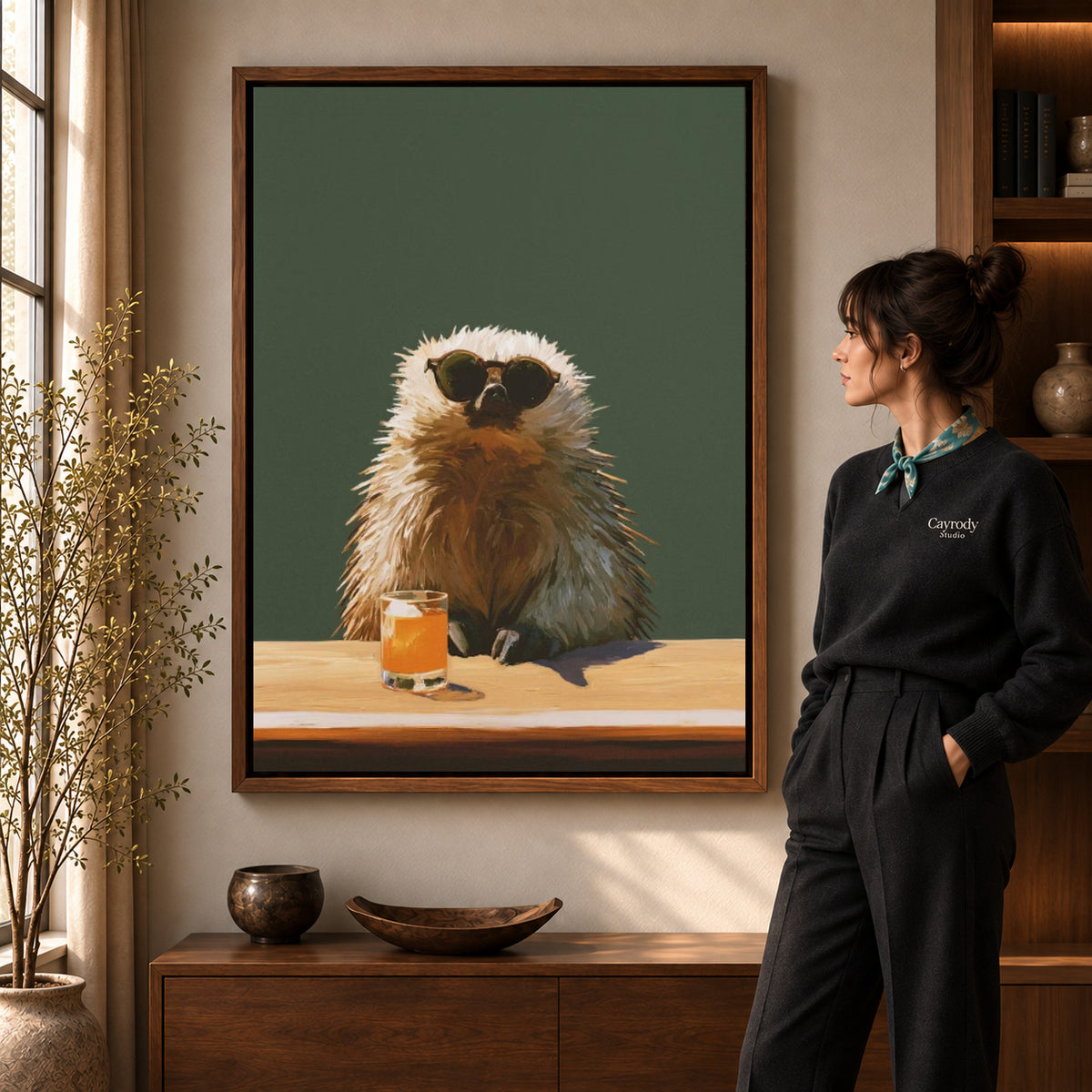 Walnut framed capybara canvas wall art with the complete artwork displayed in a warm living room.