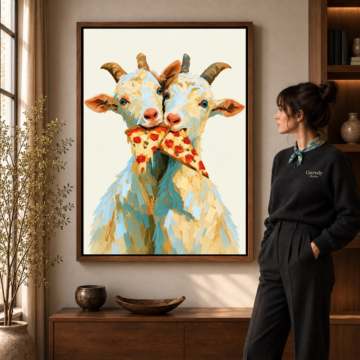 Funny Goat Canvas Art in a walnut frame beside a standing woman and warm wooden furniture.