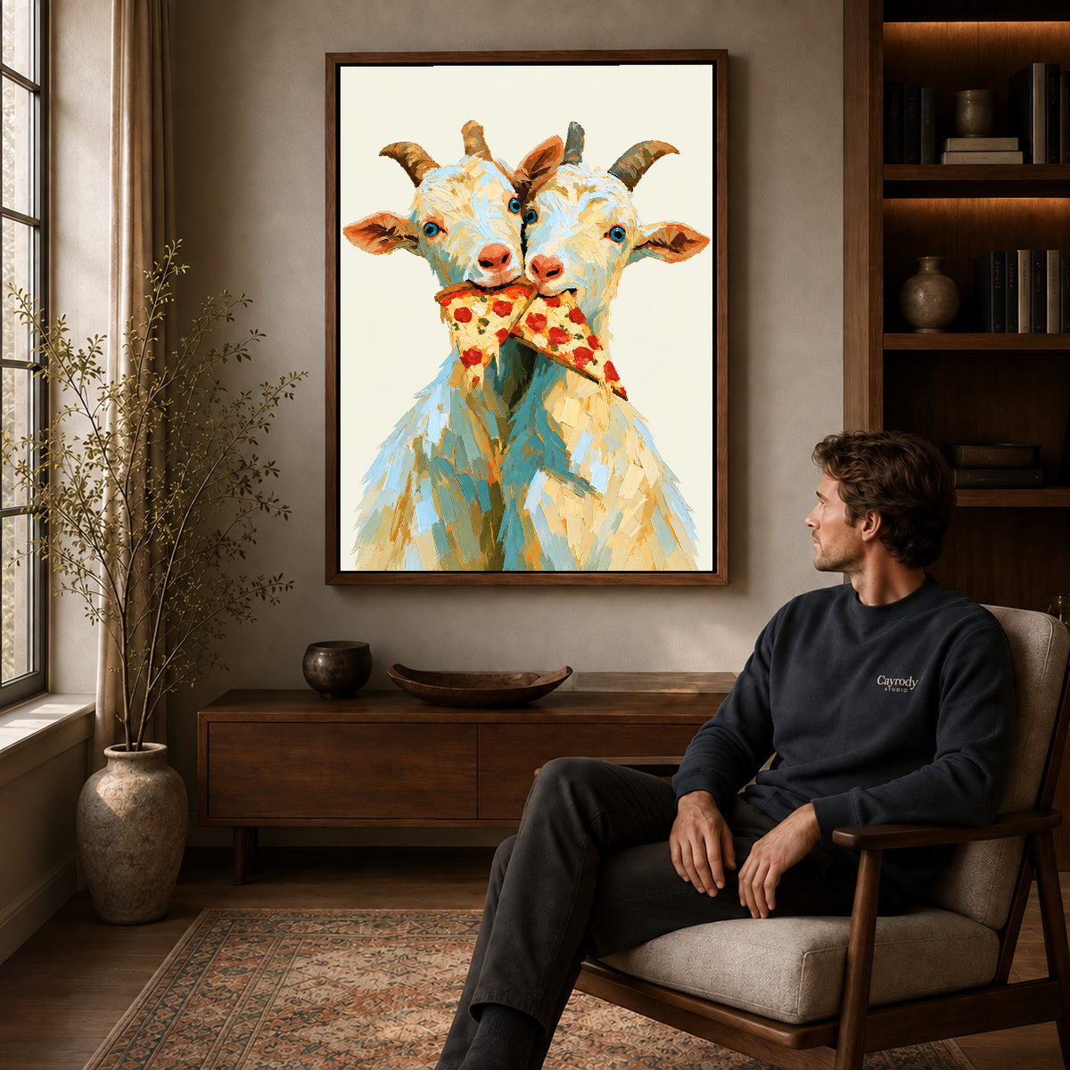 Funny Goat Canvas Art displayed in a walnut frame above wooden furniture beside a seated man.