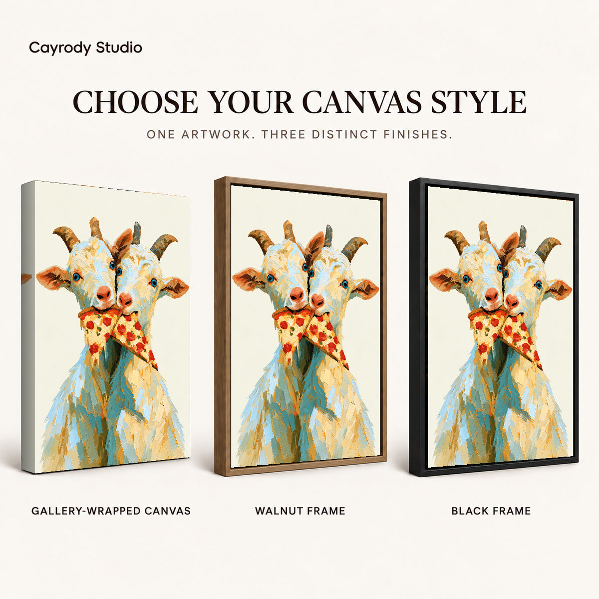 Funny Goat Canvas Art shown in gallery wrapped canvas, walnut frame, and black frame finishes.