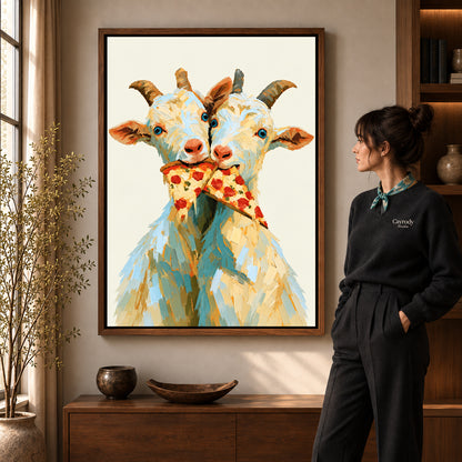 Walnut framed funny goat canvas art with the complete artwork displayed in a warm living room.