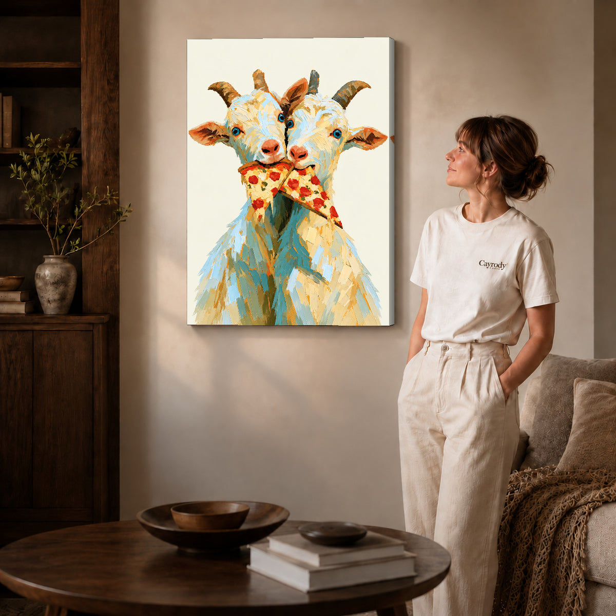 Gallery wrapped funny goat canvas art showing dimensional edges and soft shadows in a living room.