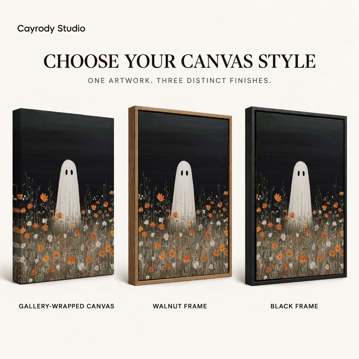 Ghost Canvas Wall Art shown in gallery wrapped canvas, walnut frame, and black frame finishes.