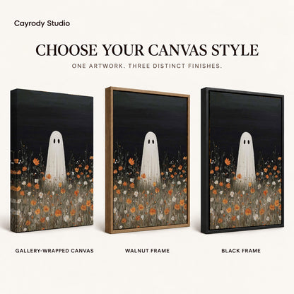 Ghost Canvas Wall Art shown in gallery wrapped canvas, walnut frame, and black frame finishes.