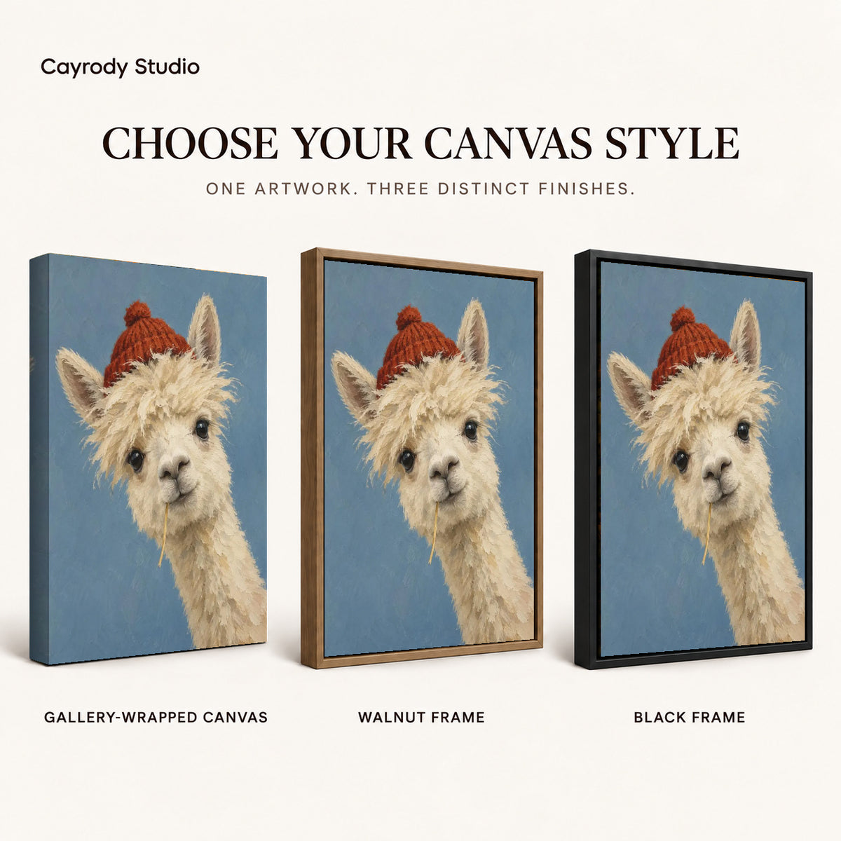 Llama Canvas Wall Art shown in gallery wrapped canvas, walnut frame, and black frame finishes.