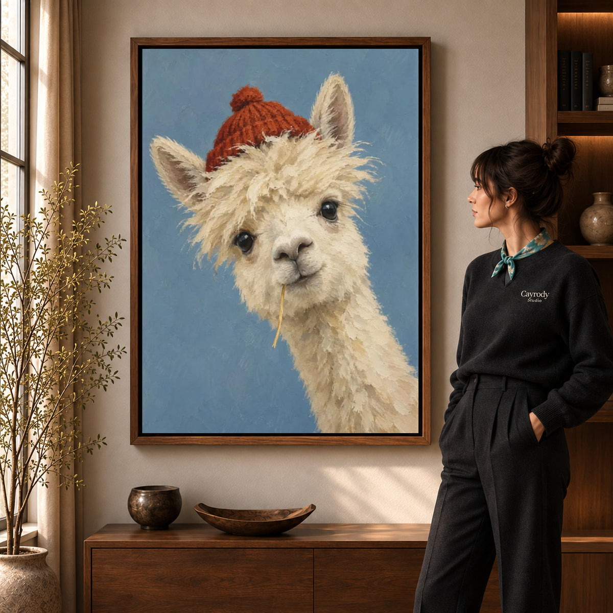 Walnut framed llama canvas wall art with the complete artwork displayed in a warm living room.