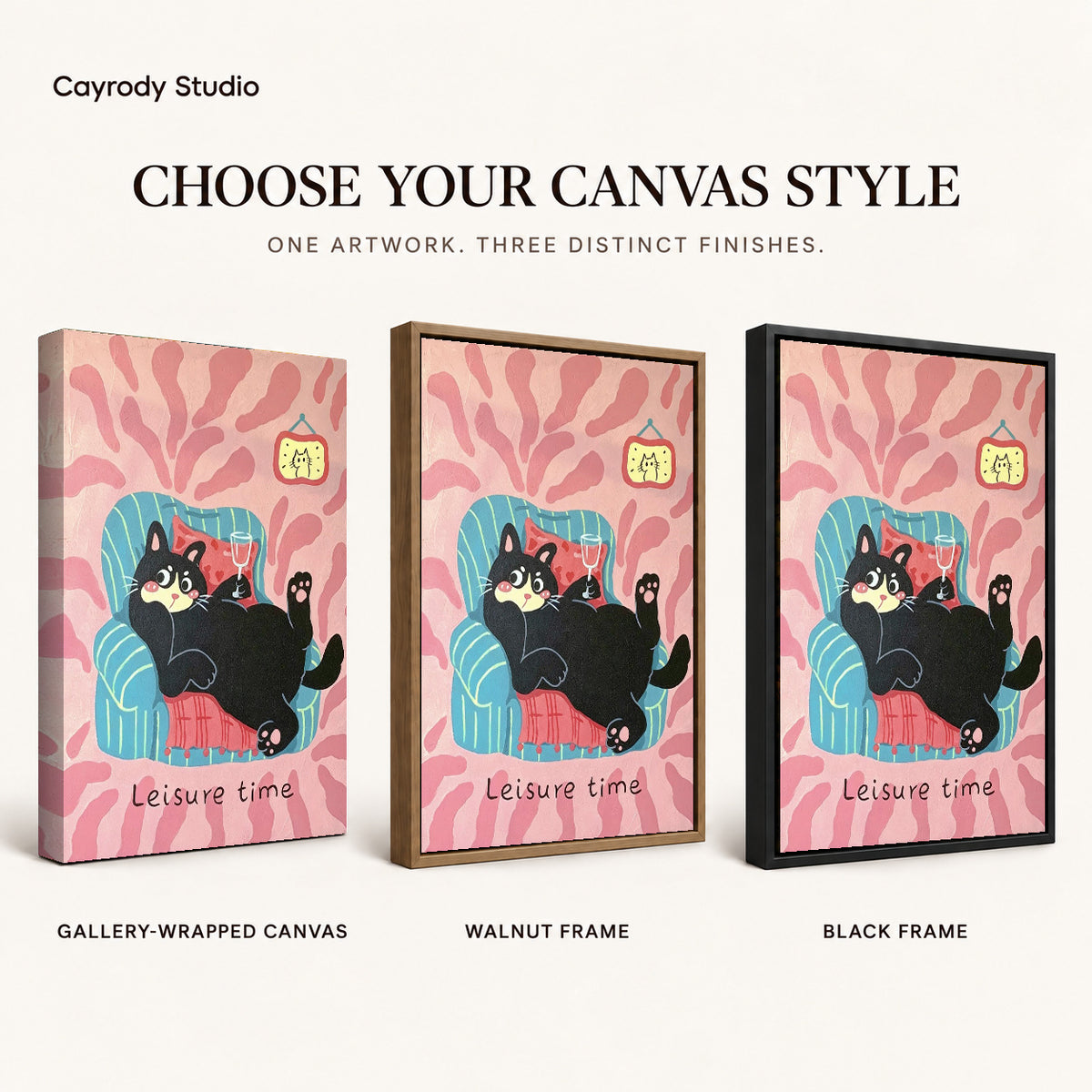 Relaxing Cat Canvas Art shown in gallery wrapped canvas, walnut frame, and black frame finishes.