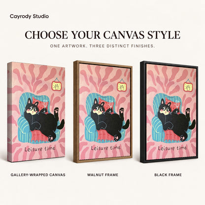 Relaxing Cat Canvas Art shown in gallery wrapped canvas, walnut frame, and black frame finishes.