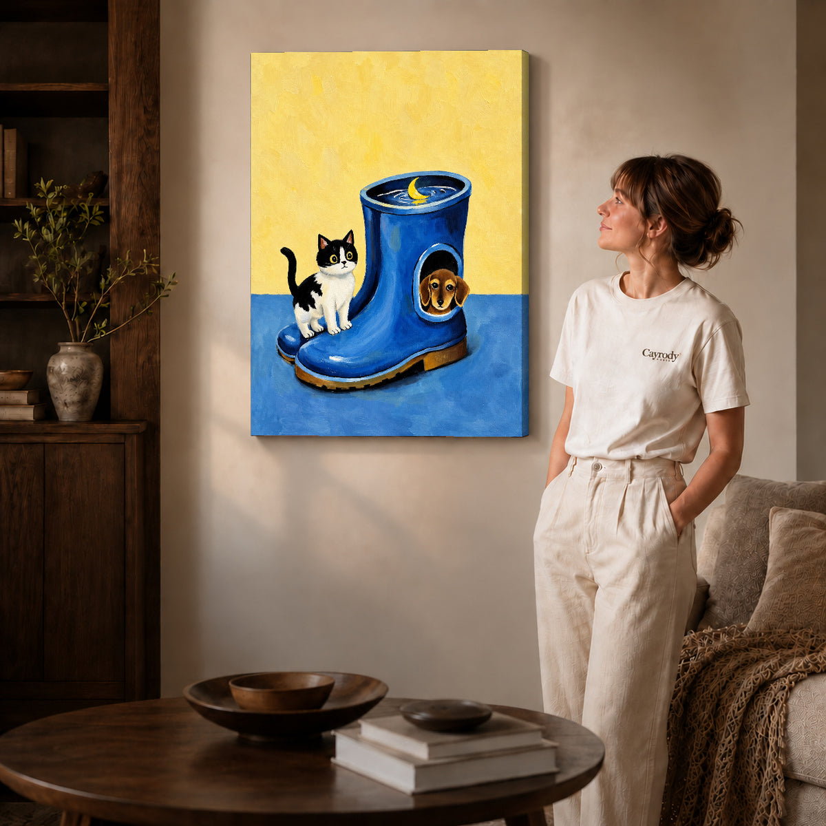 Whimsical Pet Canvas Art on gallery wrapped canvas with visible depth beside a woman in white.