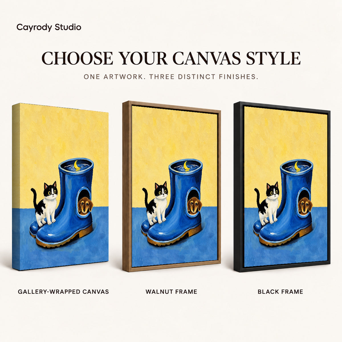 Whimsical Pet Canvas Art shown in gallery wrapped canvas, walnut frame, and black frame finishes.