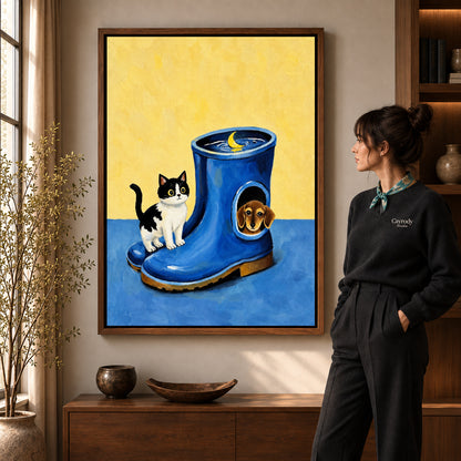 Walnut framed whimsical pet canvas art with the complete artwork displayed in a warm living room.