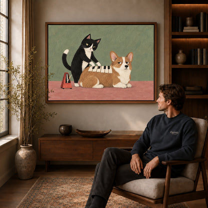 Musical Pet Canvas Art displayed in a walnut frame above wooden furniture beside a seated man.