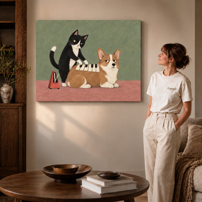 Musical Pet Canvas Art on gallery wrapped canvas with visible depth beside a woman in white.