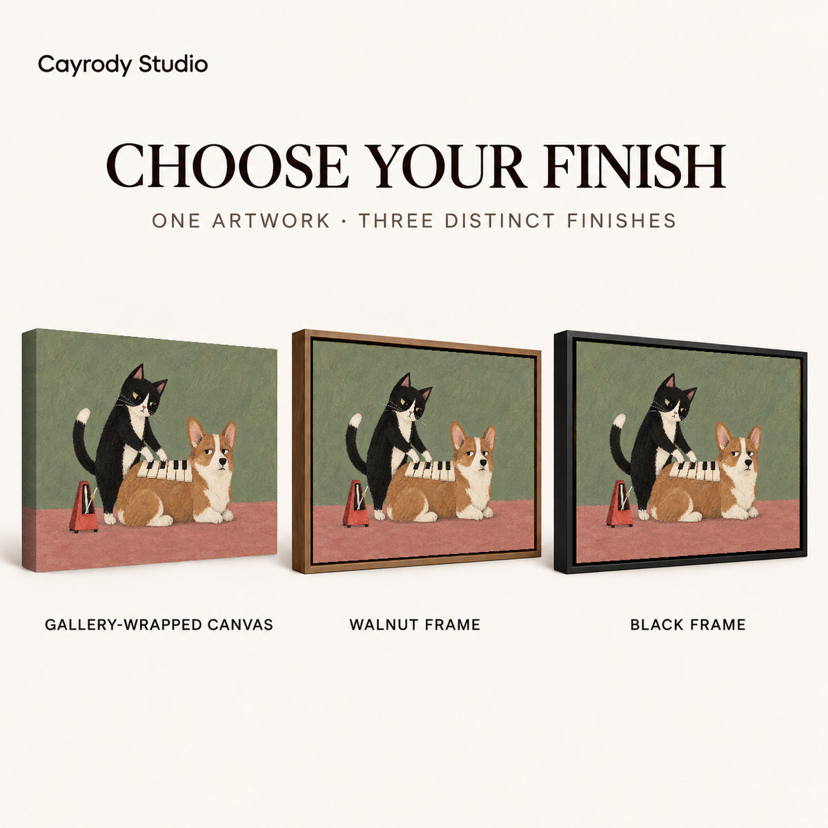 Musical Pet Canvas Art shown in gallery wrapped canvas, walnut frame, and black frame finishes.