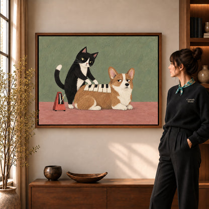 Walnut framed musical pet canvas art with the complete artwork displayed in a warm living room.