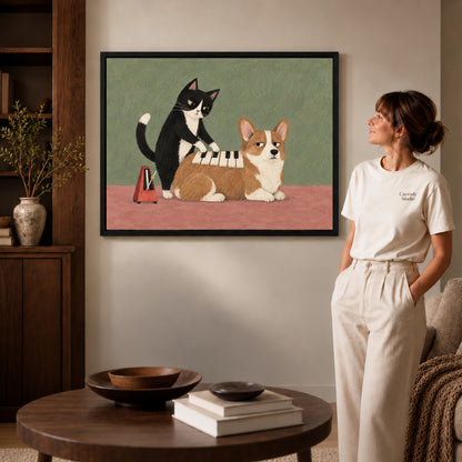 Black framed musical pet canvas art displayed beside a woman with natural light across the wall.