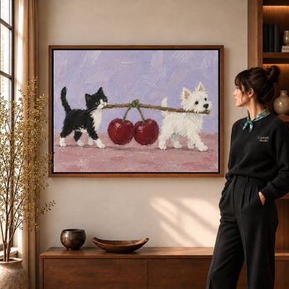 Cat Dog Canvas Art in a walnut frame beside a standing woman and warm wooden furniture.
