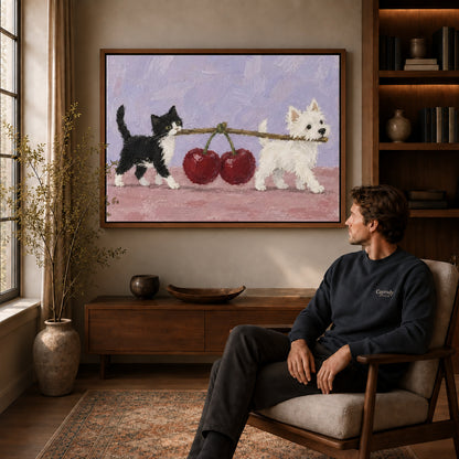 Cat Dog Canvas Art displayed in a walnut frame above wooden furniture beside a seated man.