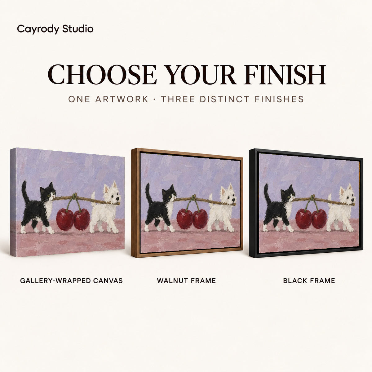 Cat Dog Canvas Art shown in gallery wrapped canvas, walnut frame, and black frame finishes.