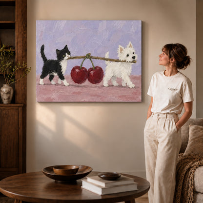 Gallery wrapped cat dog canvas art showing dimensional edges and soft shadows in a living room.