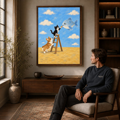 Whimsical Cat Canvas Art displayed in a walnut frame above wooden furniture beside a seated man.