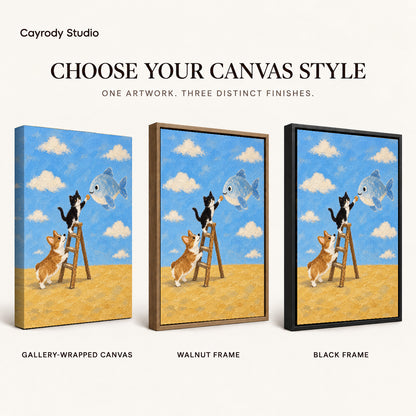 Whimsical Cat Canvas Art shown in gallery wrapped canvas, walnut frame, and black frame finishes.