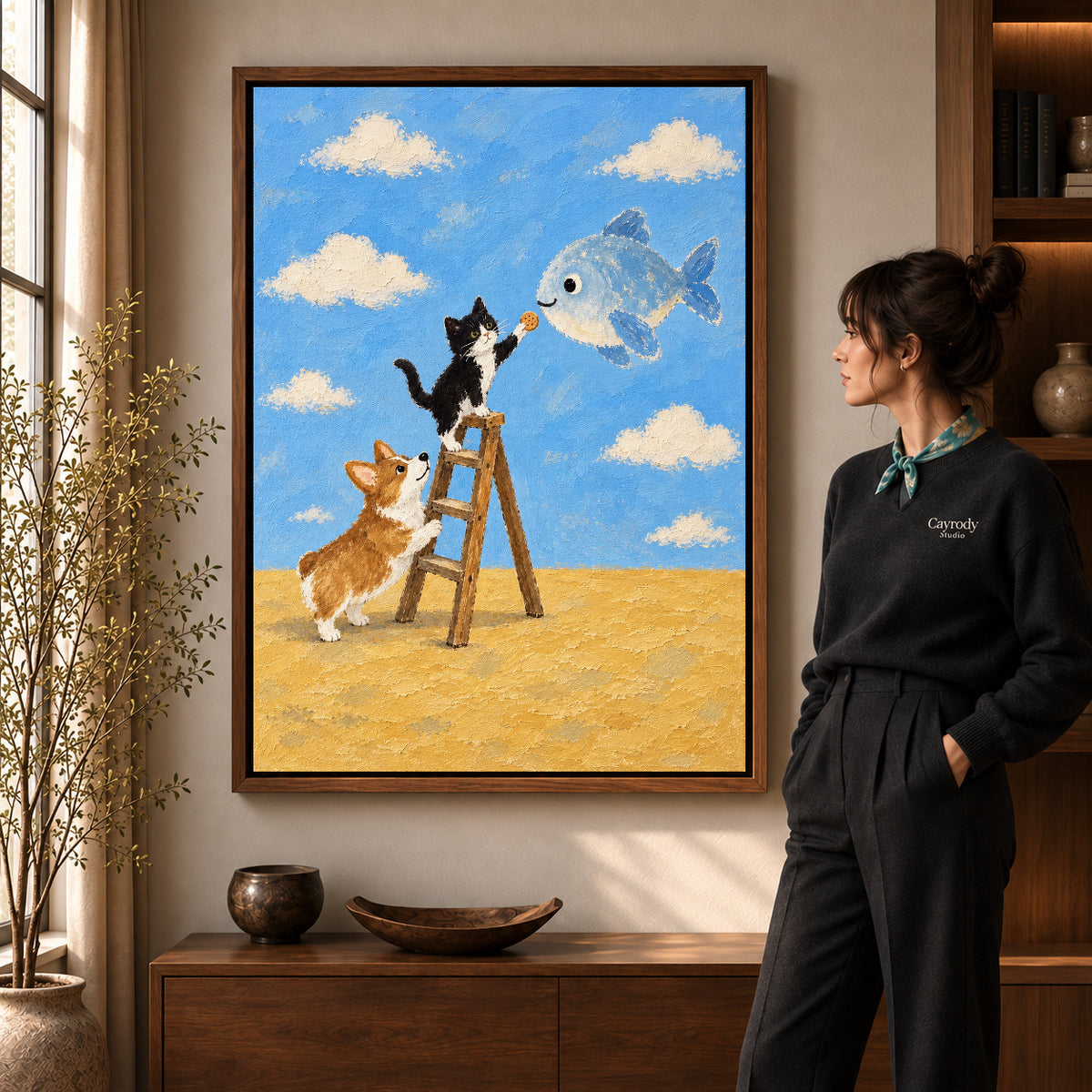 Walnut framed whimsical cat canvas art with the complete artwork displayed in a warm living room.