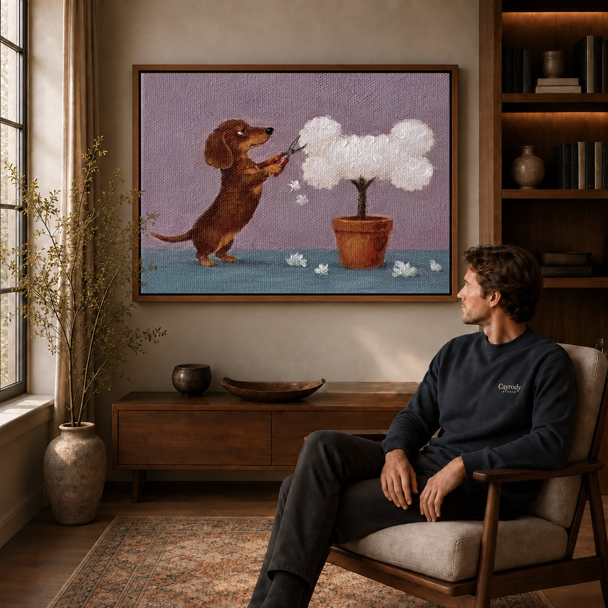 Dachshund Canvas Wall Art displayed in a walnut frame above wooden furniture beside a seated man.