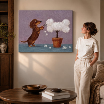 Dachshund Canvas Wall Art on gallery wrapped canvas with visible depth beside a woman in white.