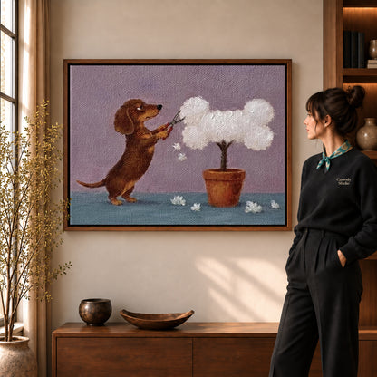 Walnut framed dachshund canvas wall art with the complete artwork displayed in a warm living room.