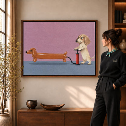 Funny Dog Canvas Art in a walnut frame beside a standing woman and warm wooden furniture.